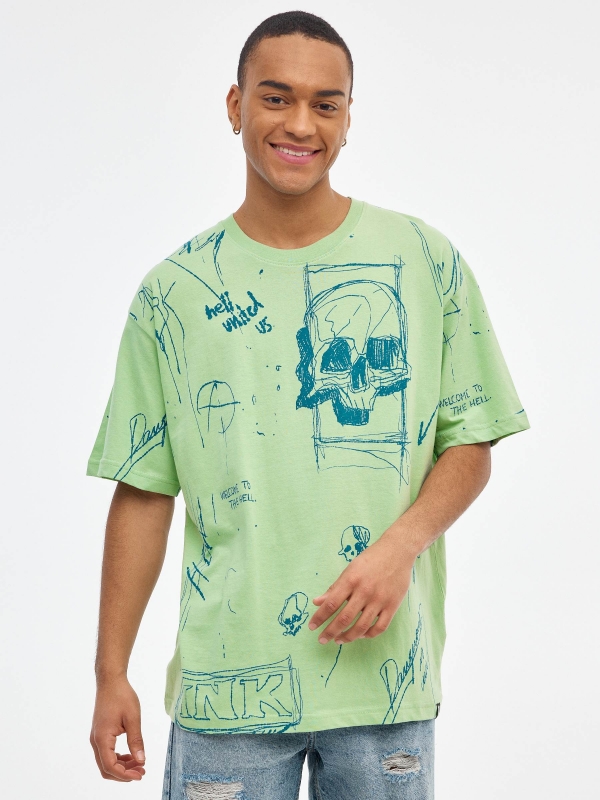 Camiseta oversized print calavera verde claro vista media frontal