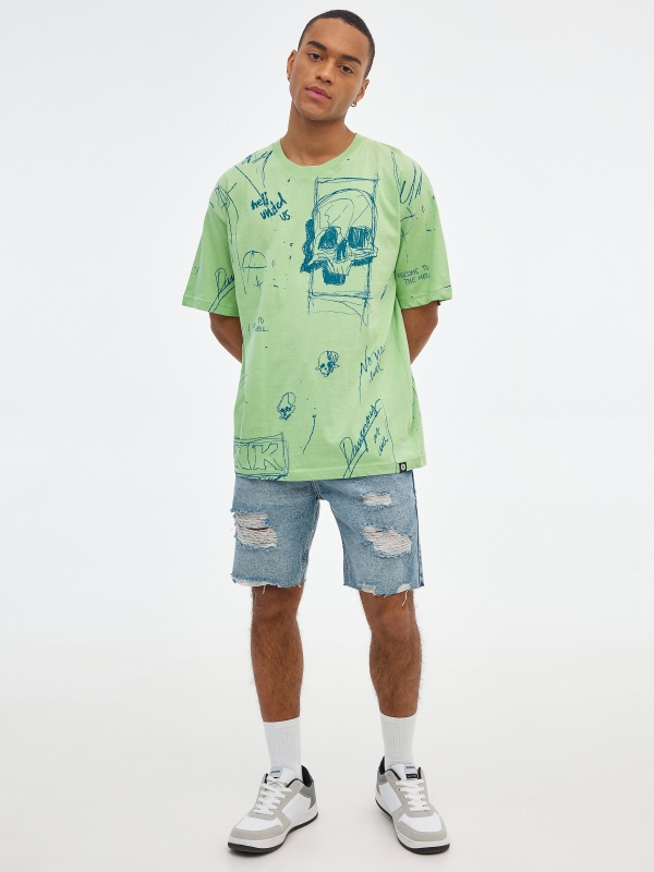 Oversized skull print t-shirt light green front view