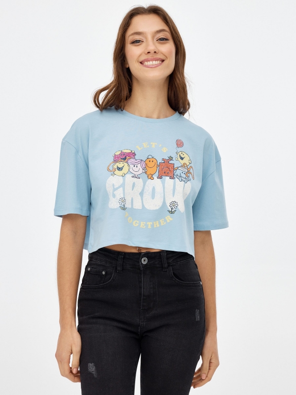 Camiseta crop Mr azul claro vista media frontal