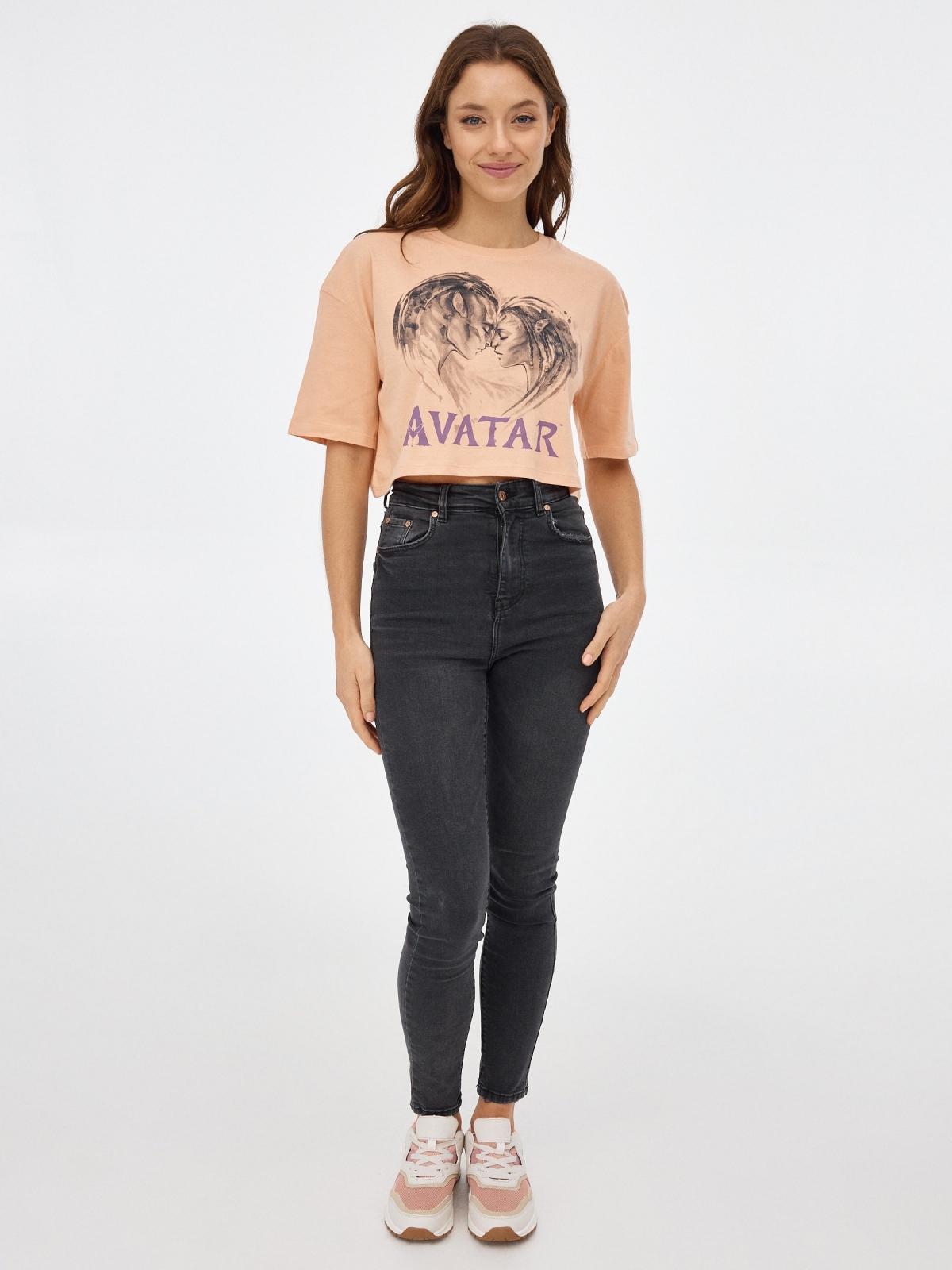 T-shirt crop Avatar pêssego vista geral frontal