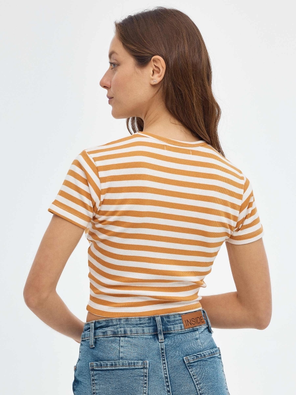 T-shirt crop listrado marrom vista meia traseira