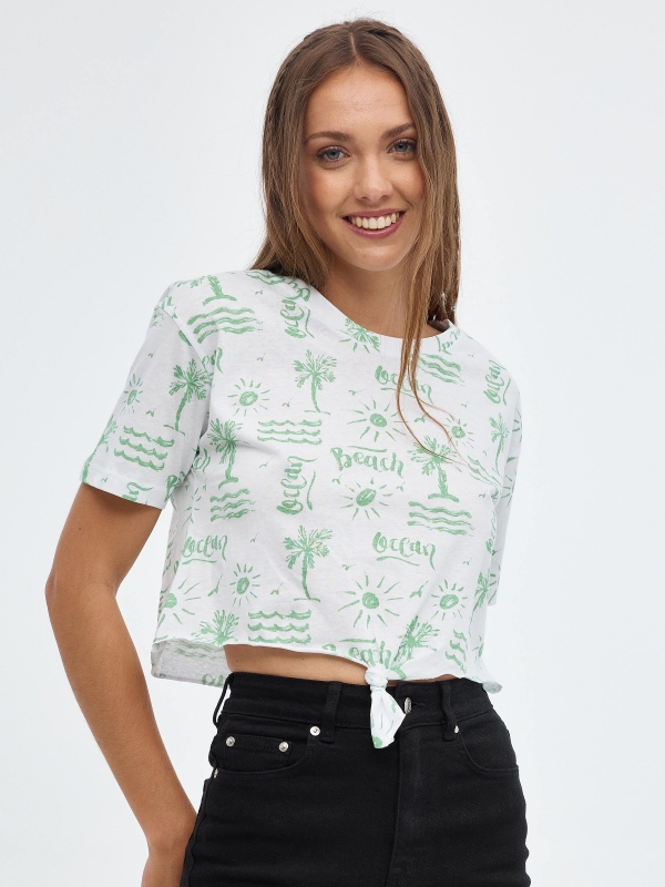 Camiseta de nudo all over print blanco vista media frontal