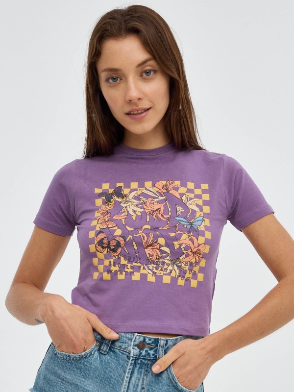 Butterflies crop print t-shirt aubergine middle front view