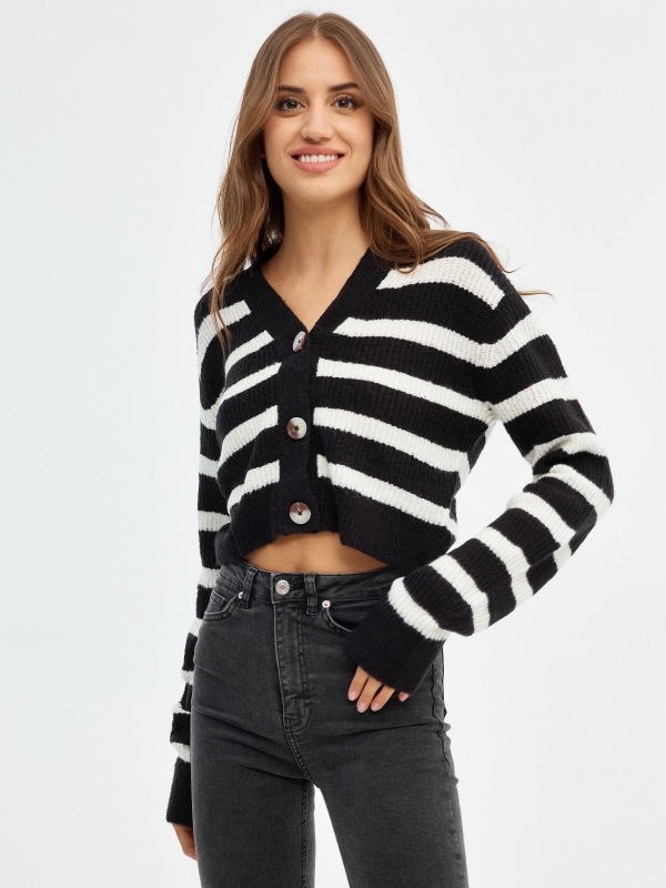 Striped V-neck cardigans black/beige middle front view