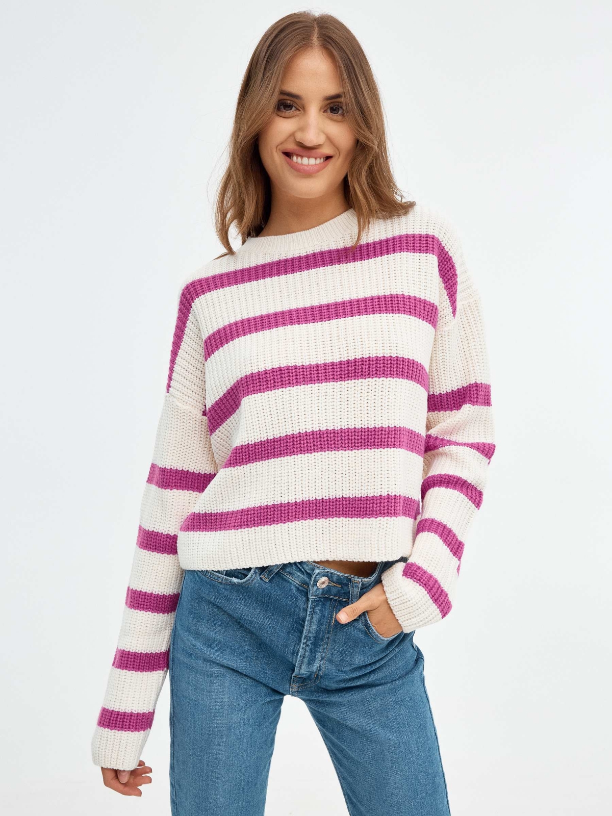 Round neck sweater with stripes fuchsia middle front view