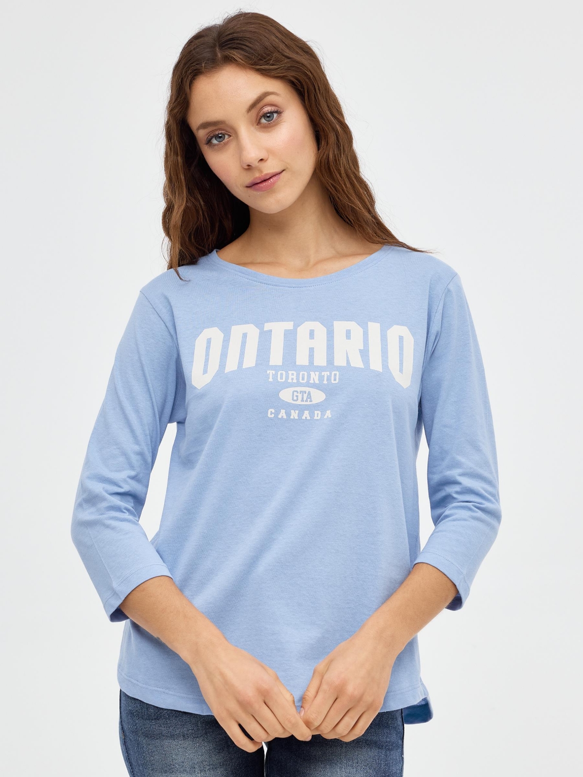 T-shirt 3/4 Ontario azul vista meia frontal