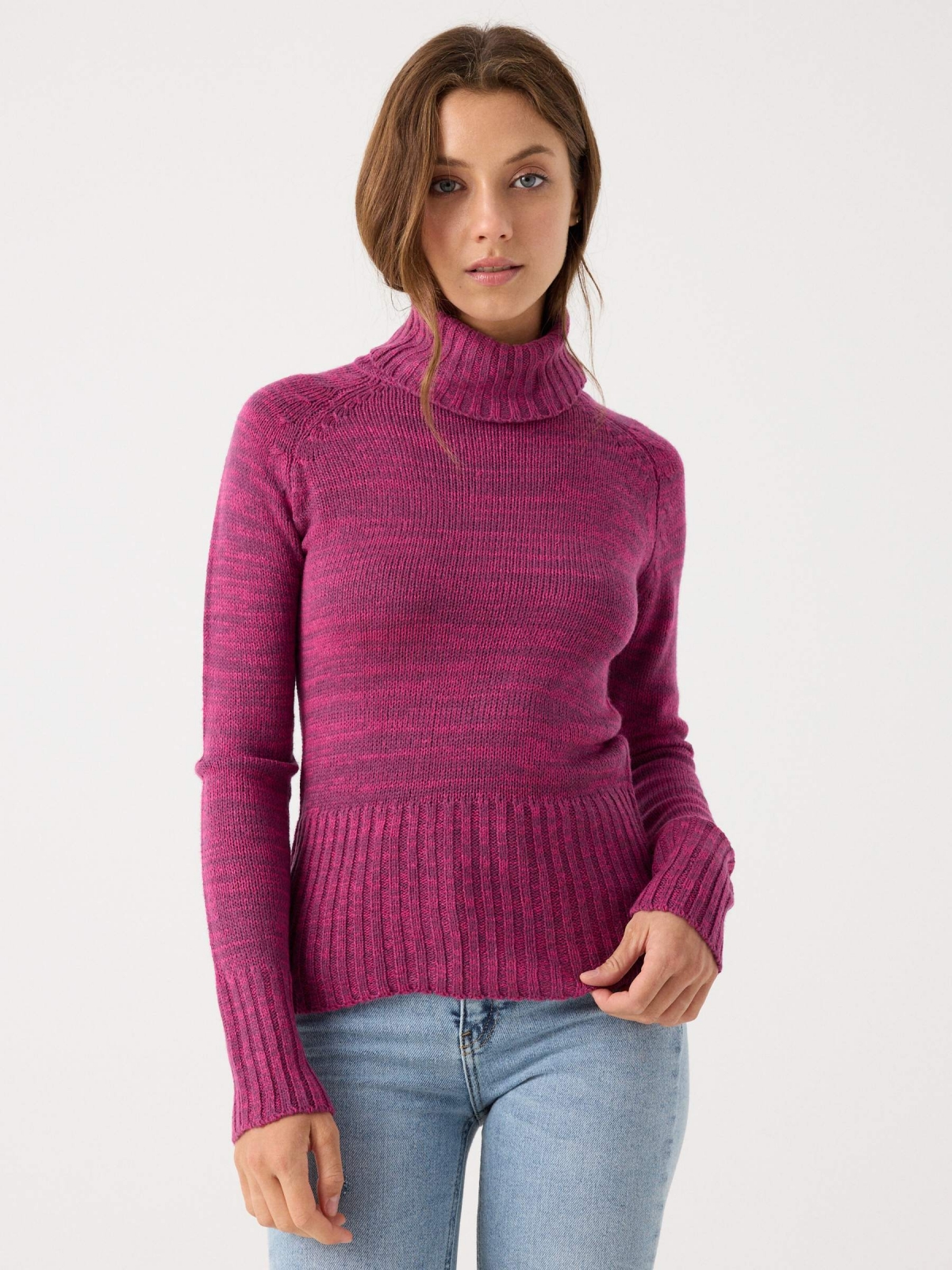 Jersey jaspeado cuello alto fucsia vista media frontal