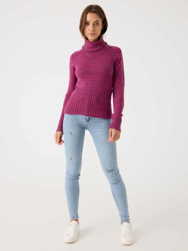 Fleece turtleneck sweater fuchsia front view