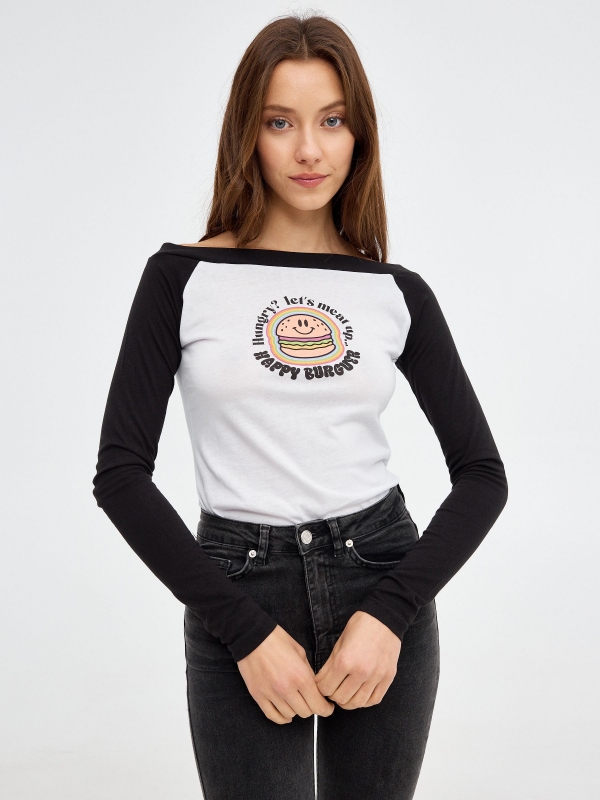 Camiseta print Burger negro vista media frontal