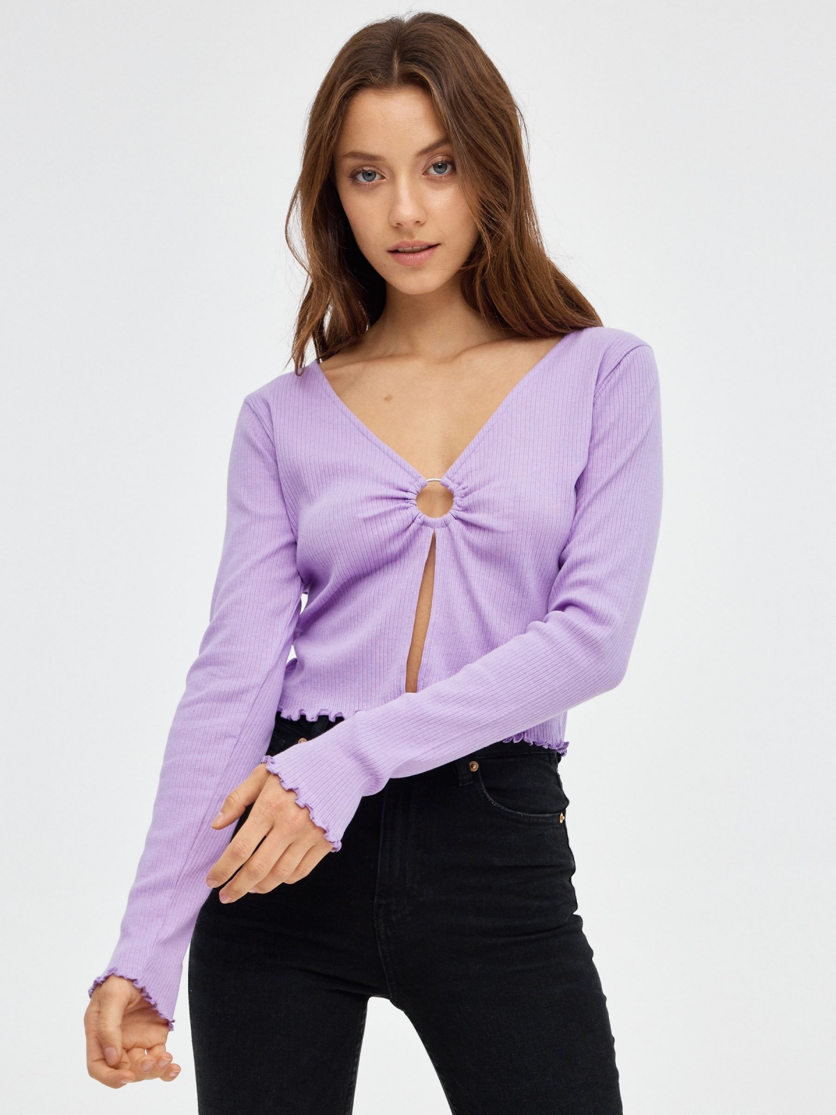 Crop top com fivela malva vista meia frontal