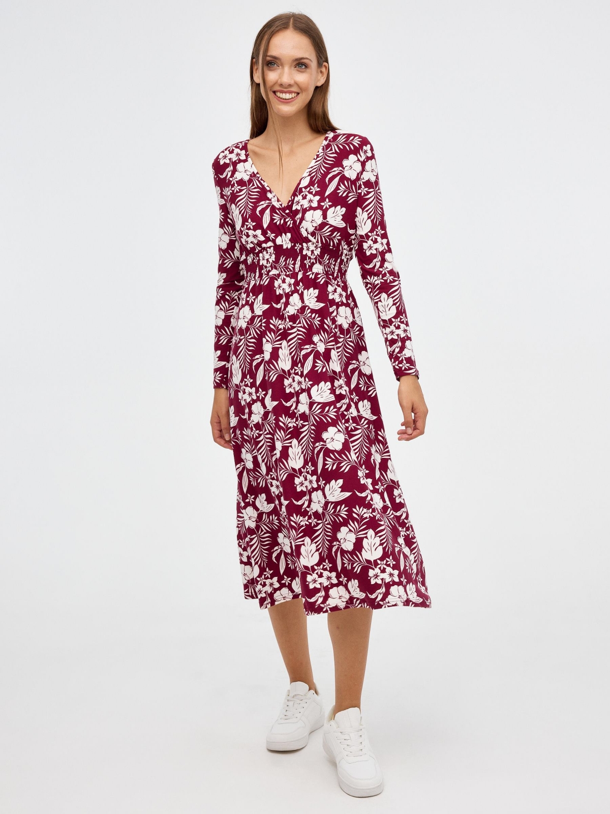 Printed midi flare dress garnet middle front view