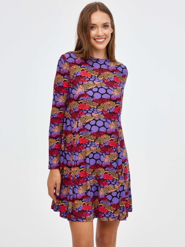 Vestido mini print morado multicolor vista media frontal