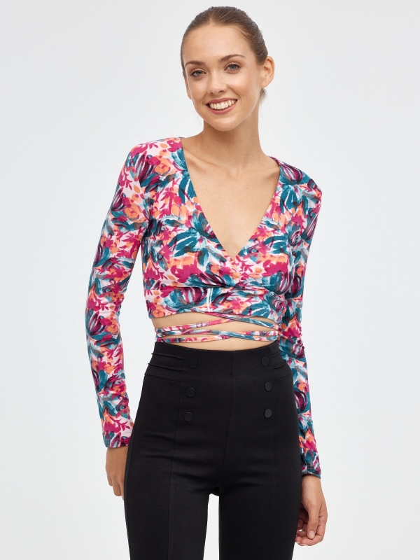 Camista print floral con lace up multicolor vista media frontal