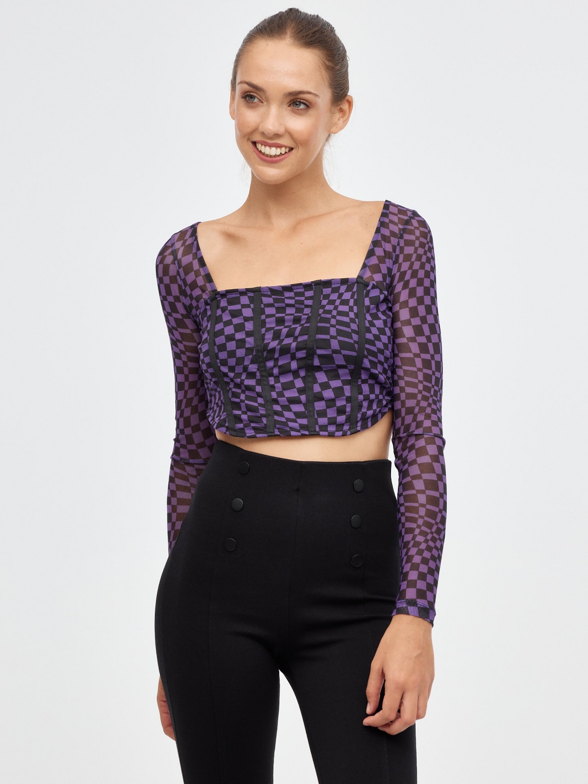 Camiseta crop print mesh violeta vista media frontal