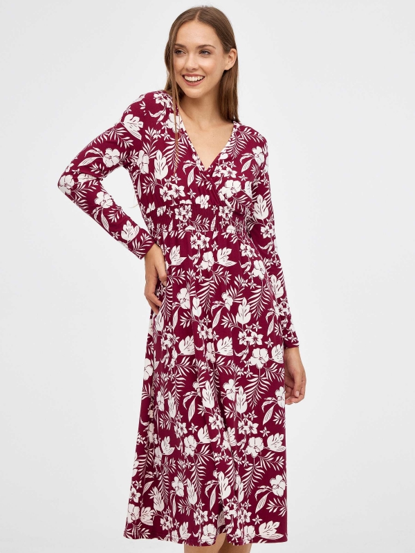 Printed midi flare dress garnet front view