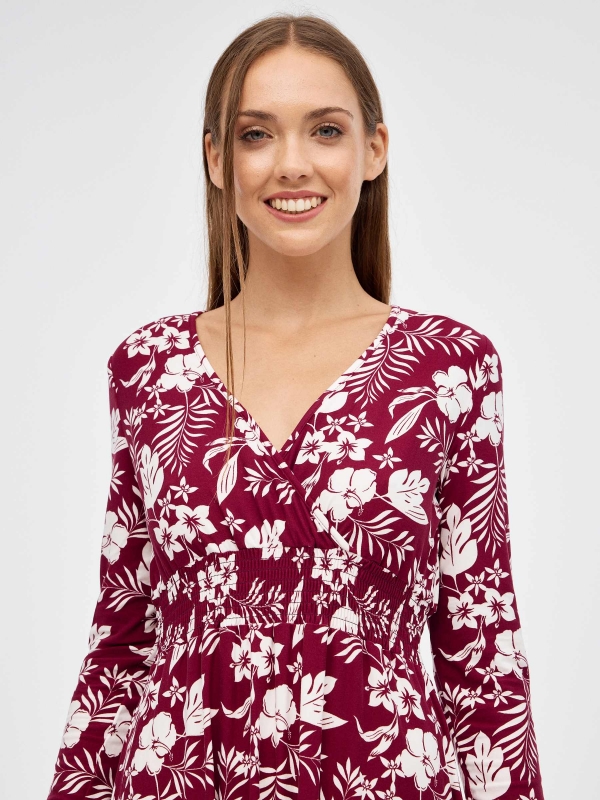 Printed midi flare dress garnet detail view