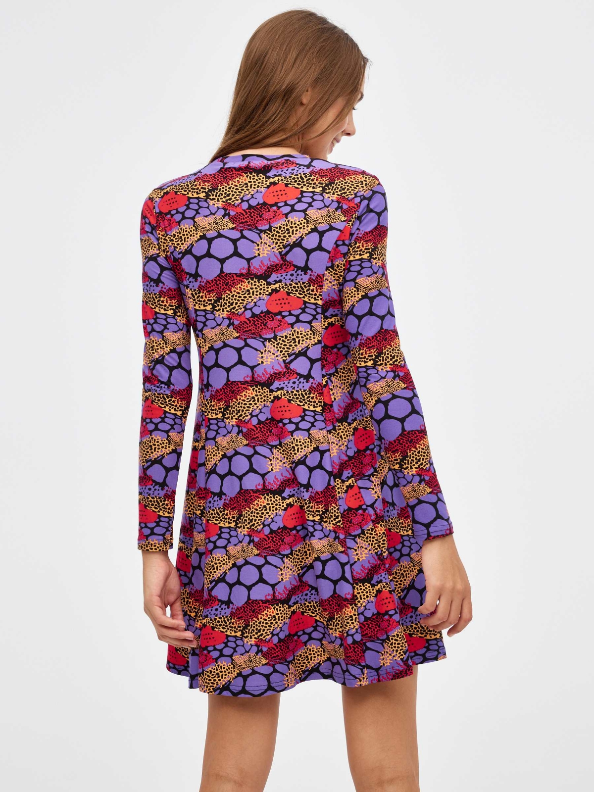 Vestido mini estampado roxo multicolorido vista meia traseira