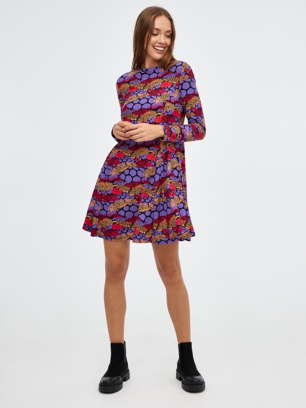 Purple mini print dress multicolor front view