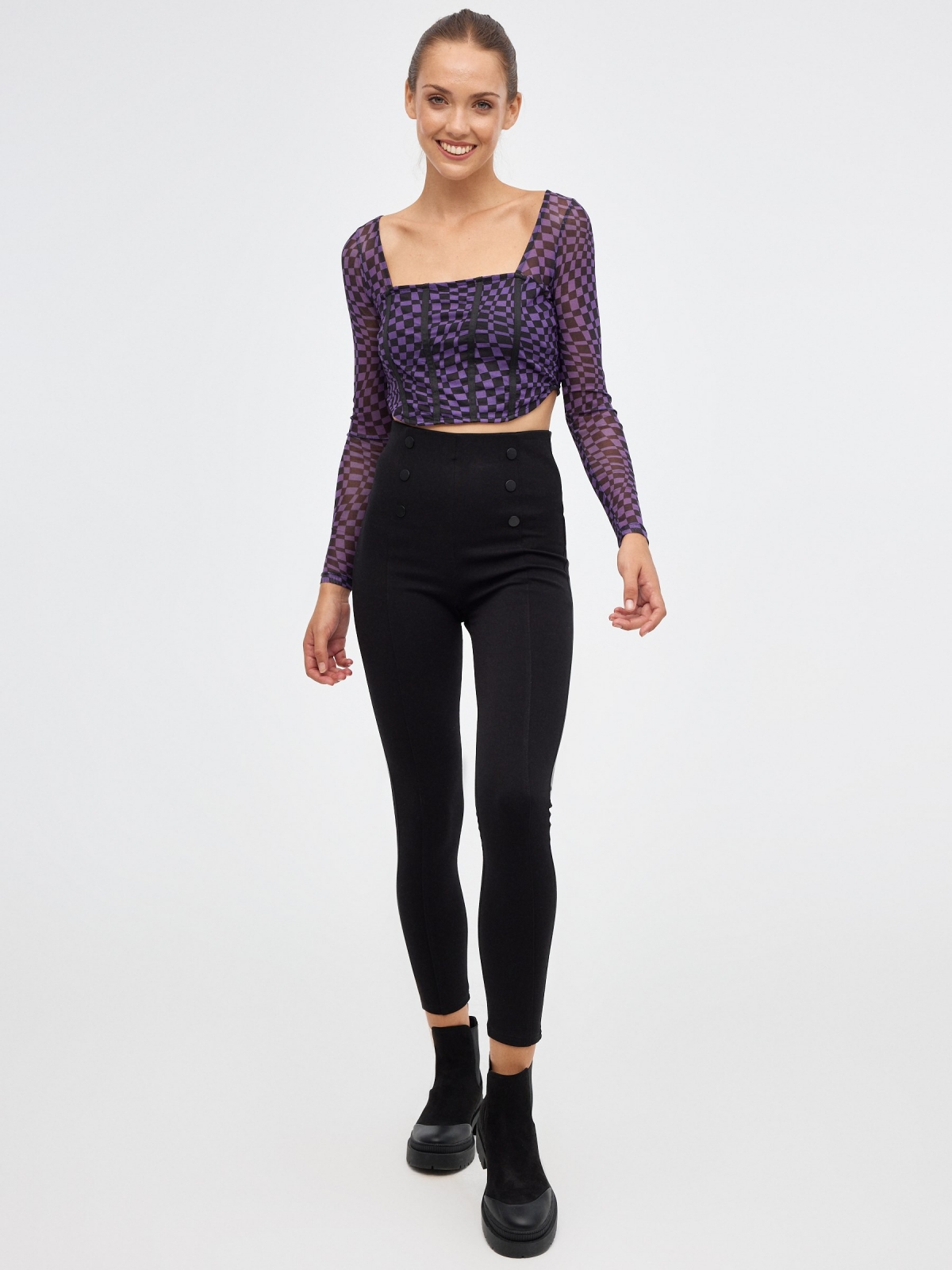 Mesh crop print t-shirt violet front view