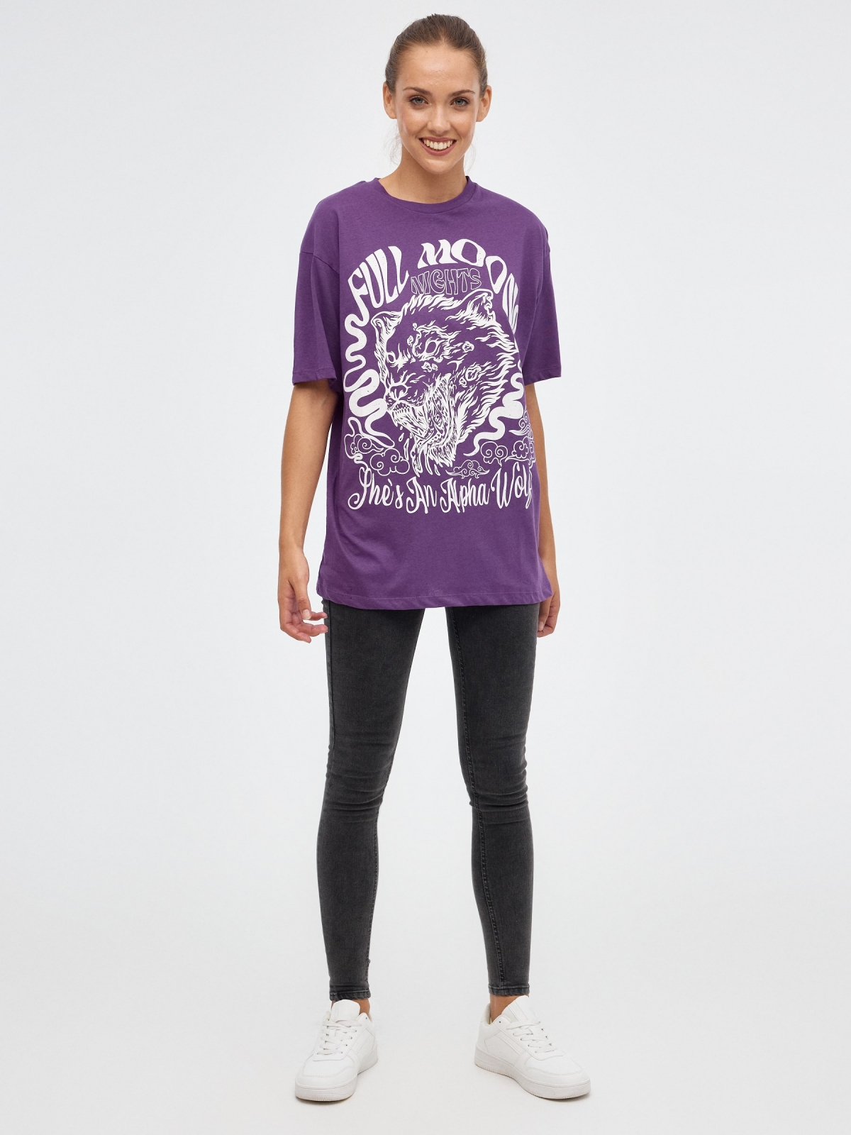 Full Moon print T-shirt aubergine front view