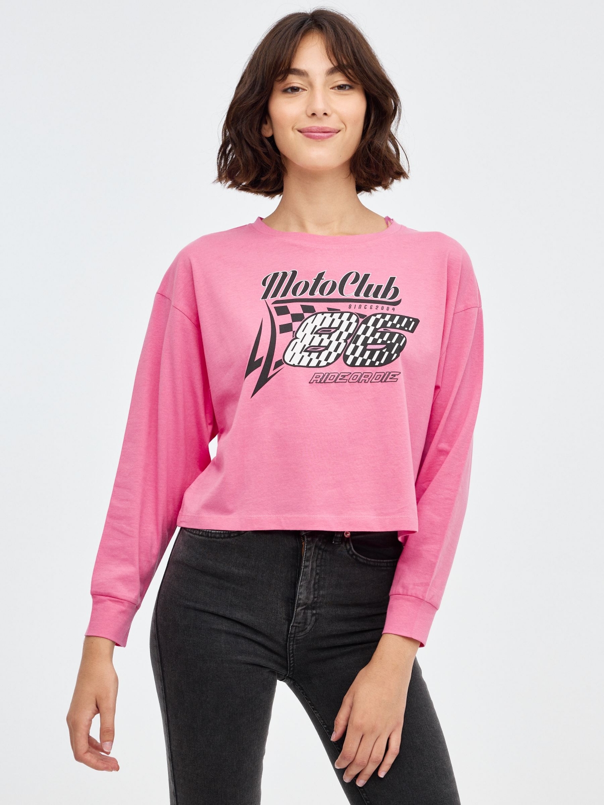 Crop top Moto Club rosa vista meia frontal