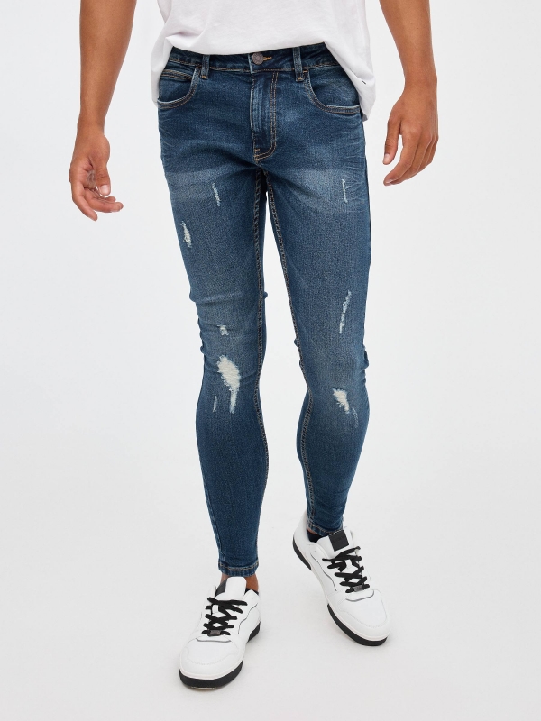 Calças de ganga superskinny para homem azul marinho vista meia frontal