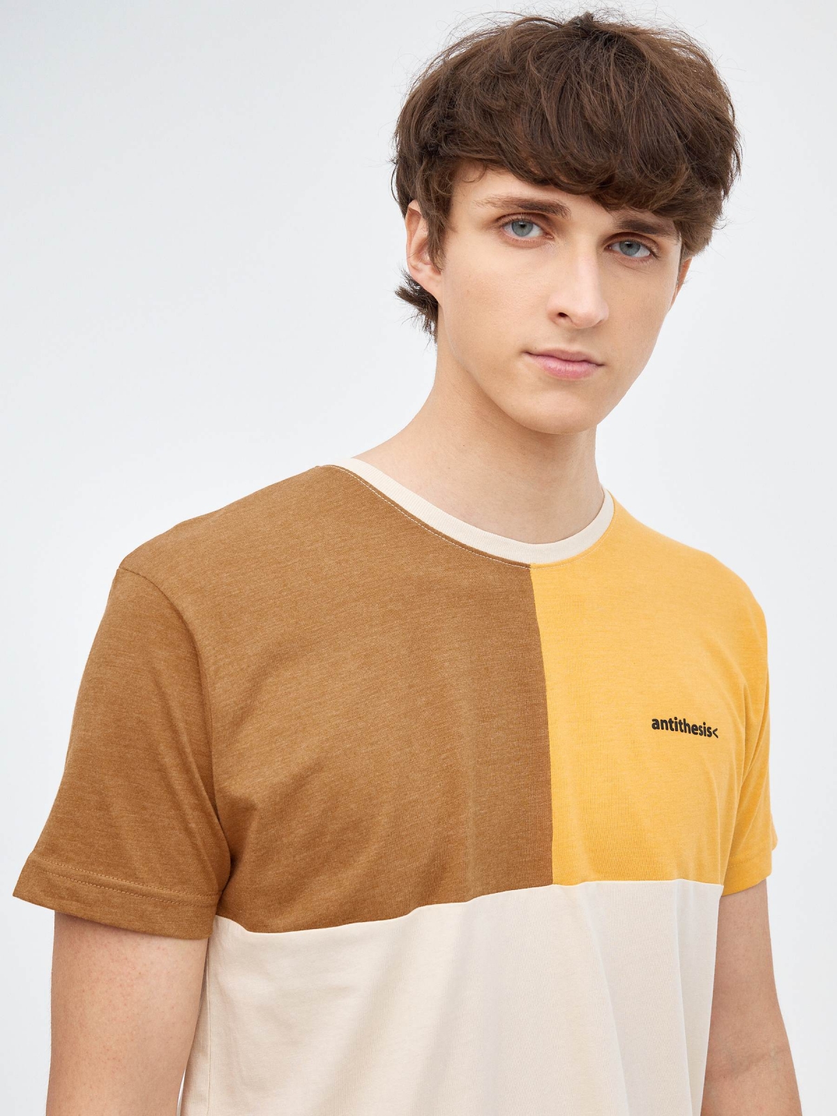 Tricolor color block t-shirt sand detail view