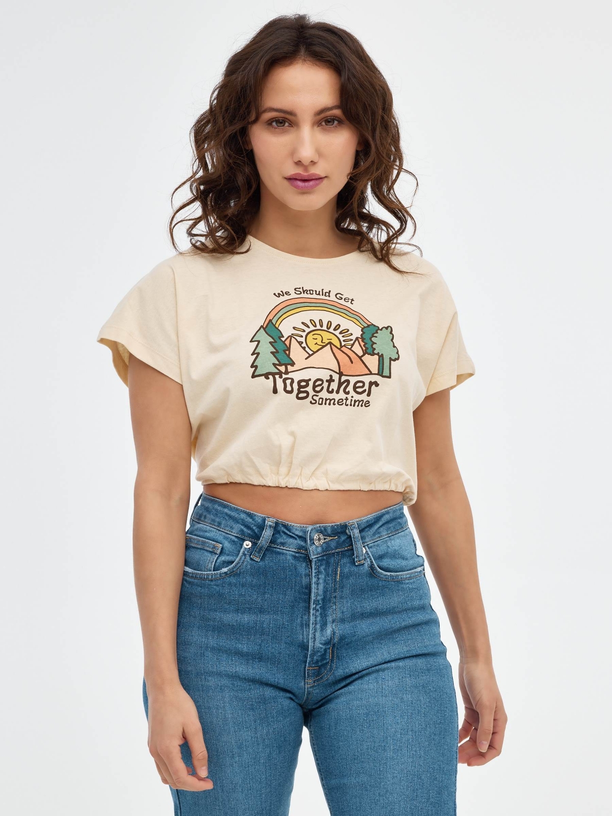 Crop t-shirt com laço Together areia vista meia frontal