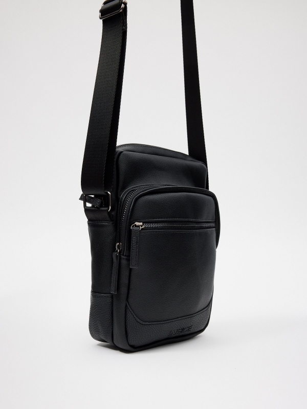 Men's black patent leather crossbody black 45º side view