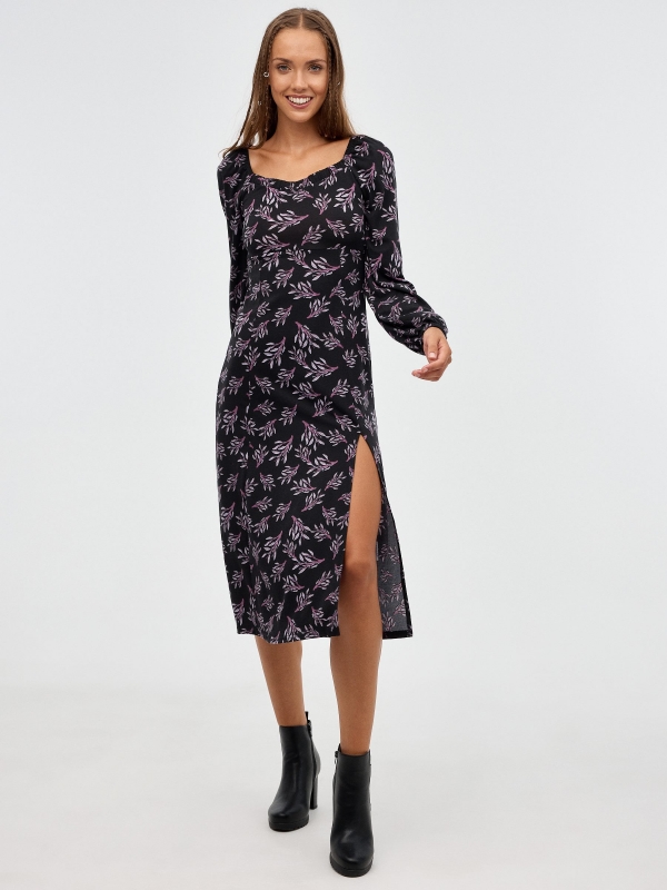 Midi dress purple leaves print black middle front view