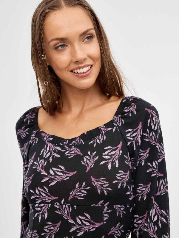 Midi dress purple leaves print black detail view