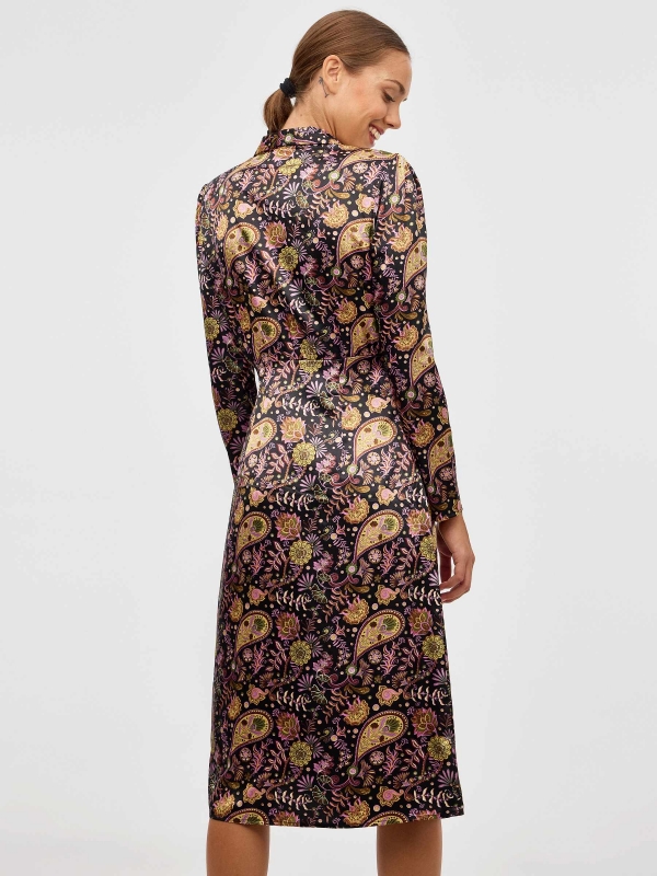 Satin print midi dress black middle back view