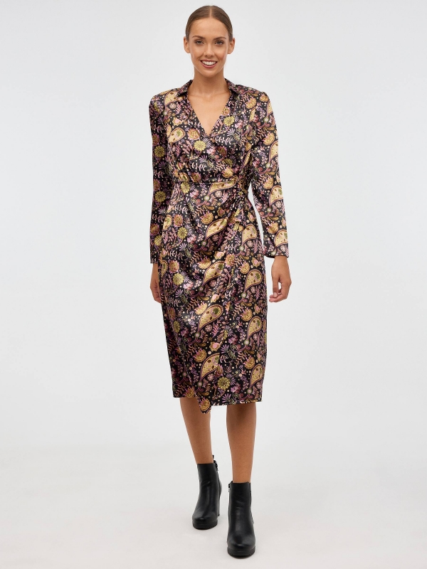 Satin print midi dress black front view