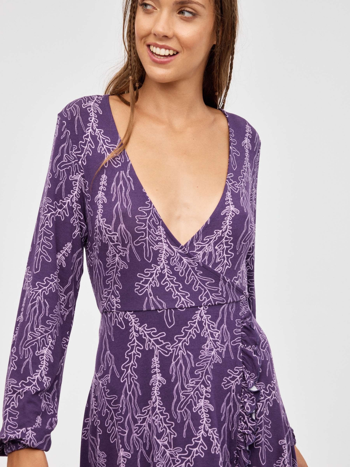 Coral mini print dress purple detail view