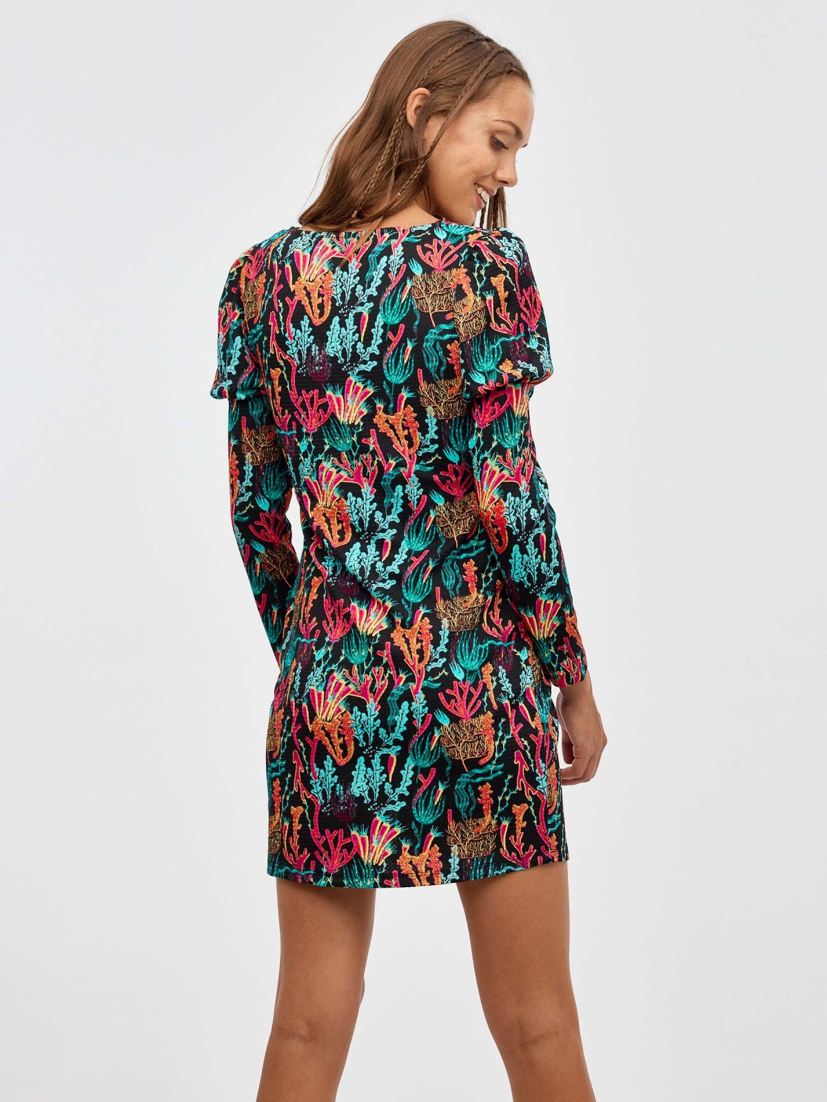 Vestido mini print corales multi negro vista media trasera