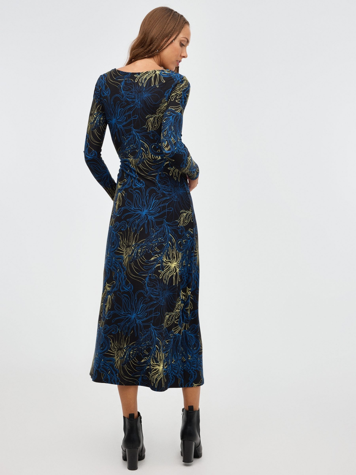 Maxi dress with floral cross over black middle back view