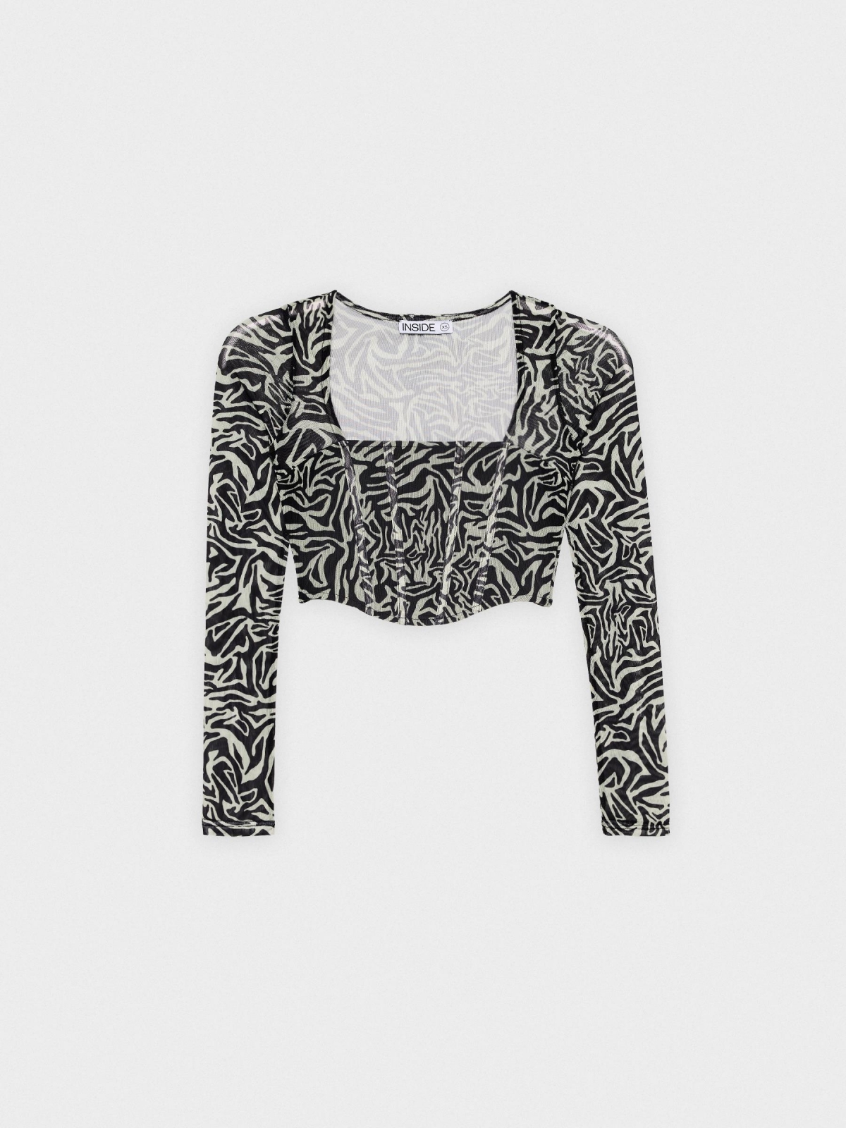  Animal print crop mesh T-shirt black/beige