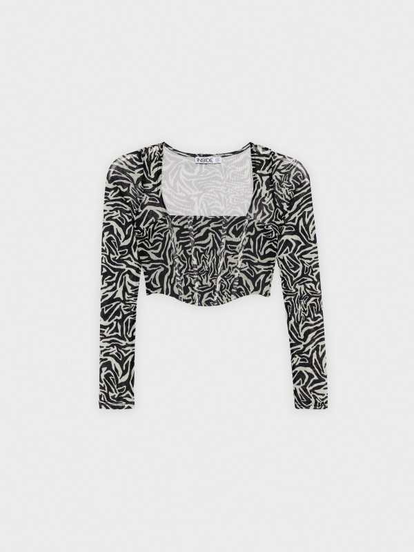  Animal print crop mesh T-shirt black/beige