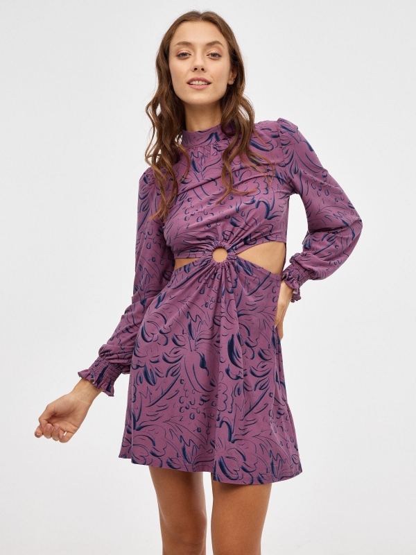 Vestido mini halter print cut out morado vista media frontal