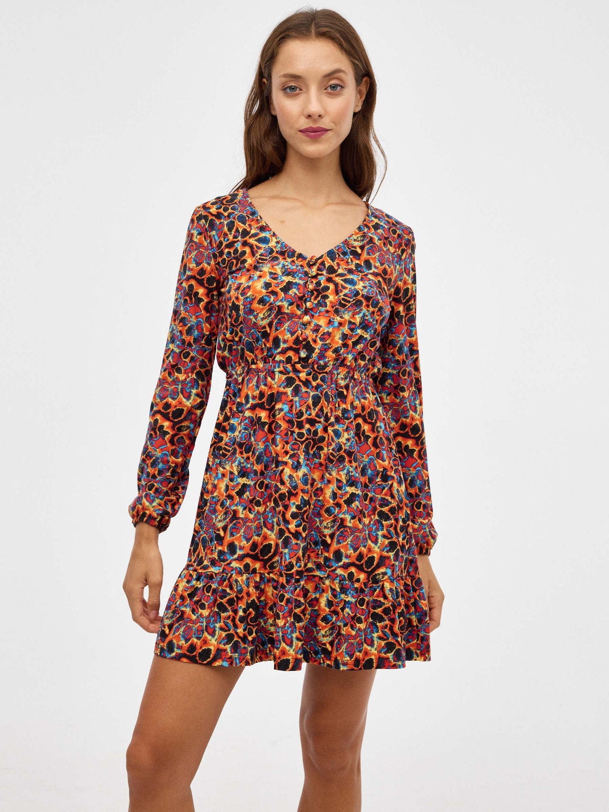 Button neck mini dress multicolor middle front view