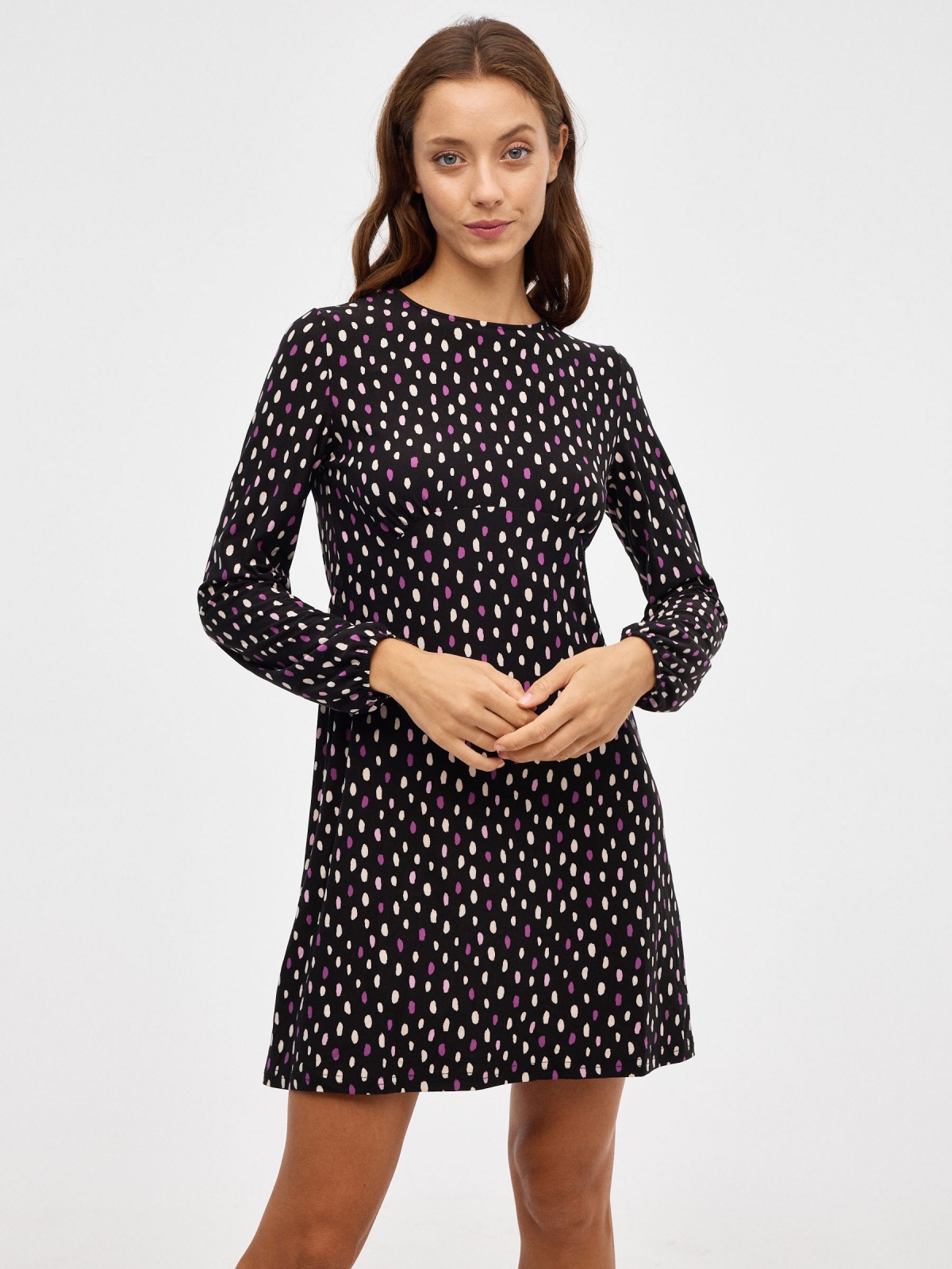 Total polka dots mini print dress black middle front view