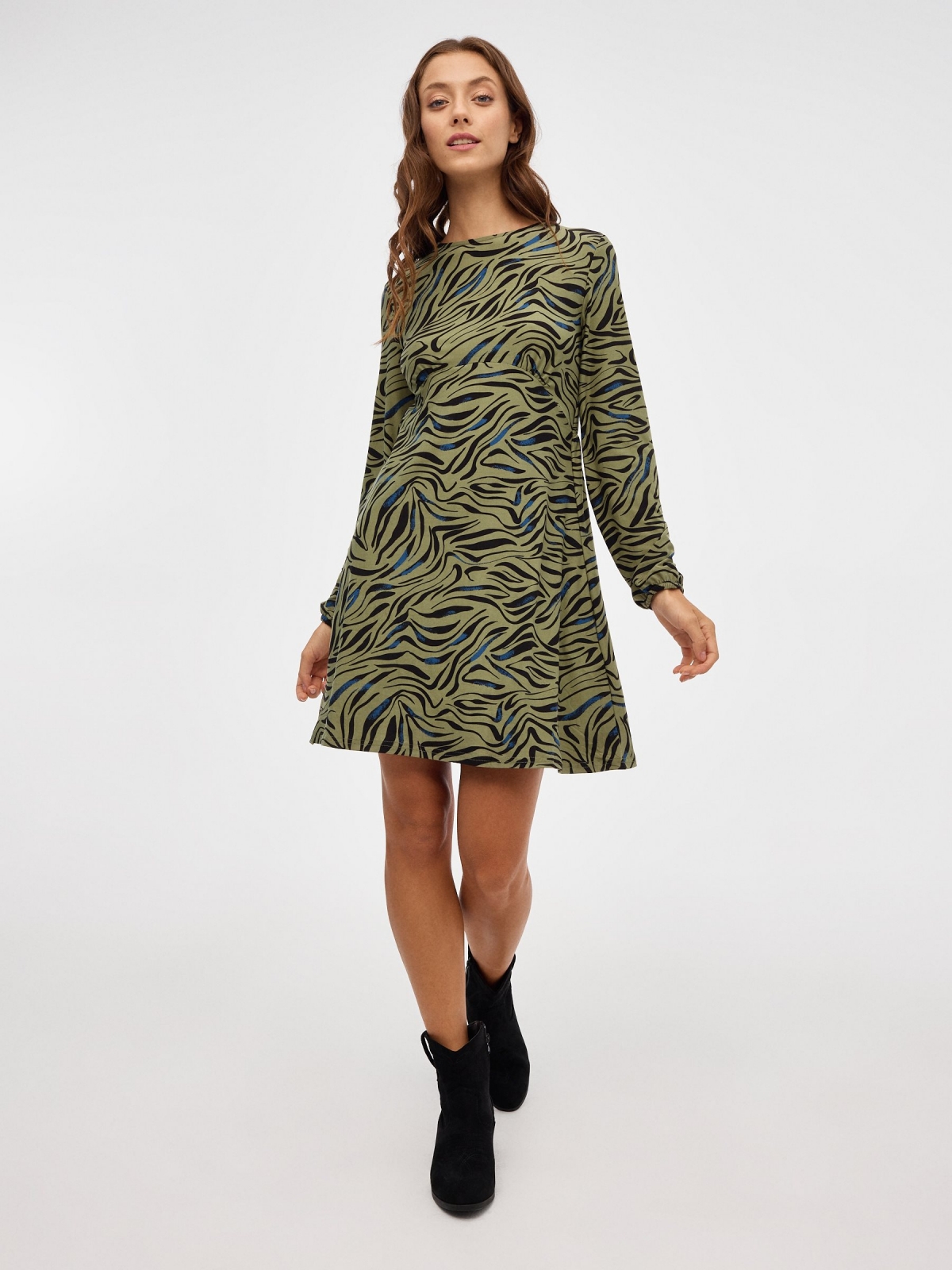 Green animal print mini dress green front view