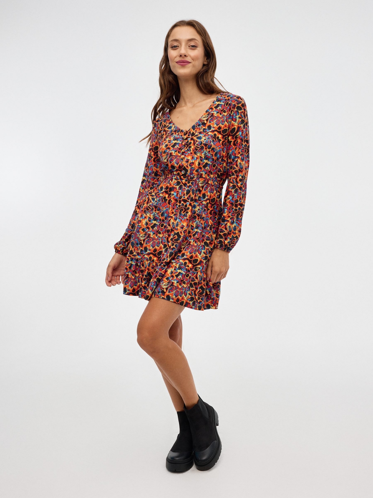 Button neck mini dress multicolor front view