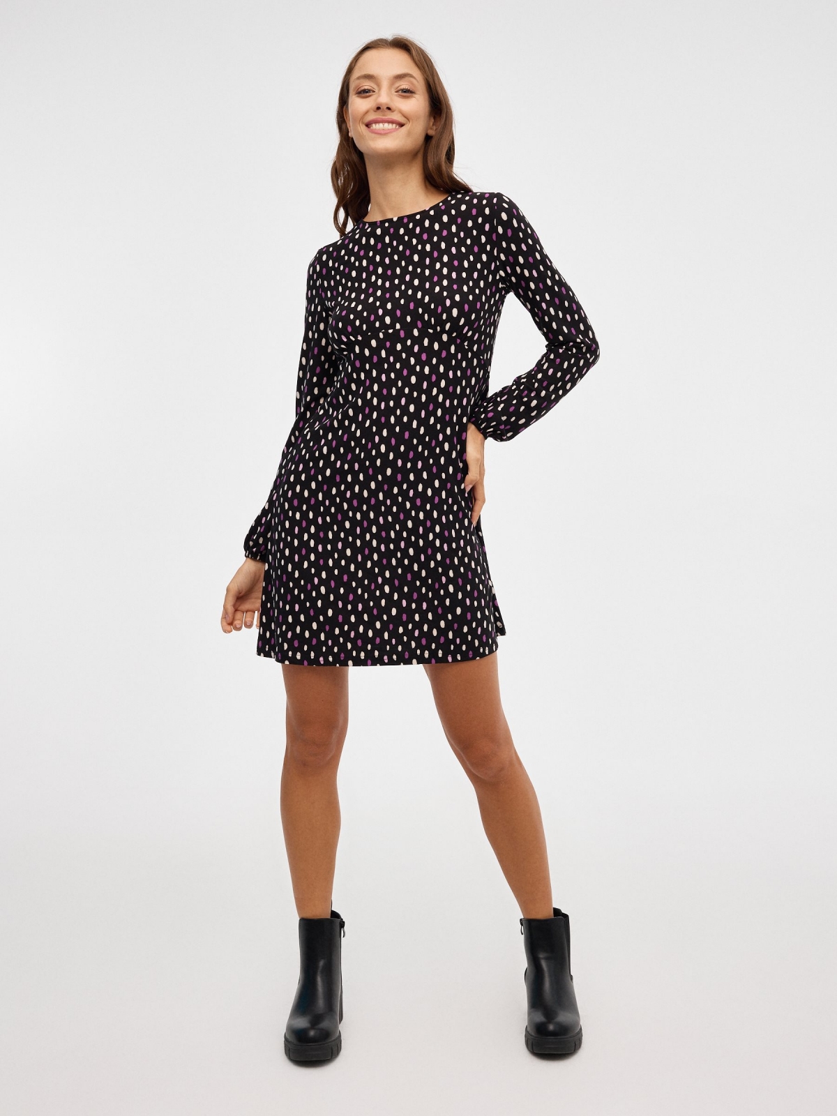 Total polka dots mini print dress black front view