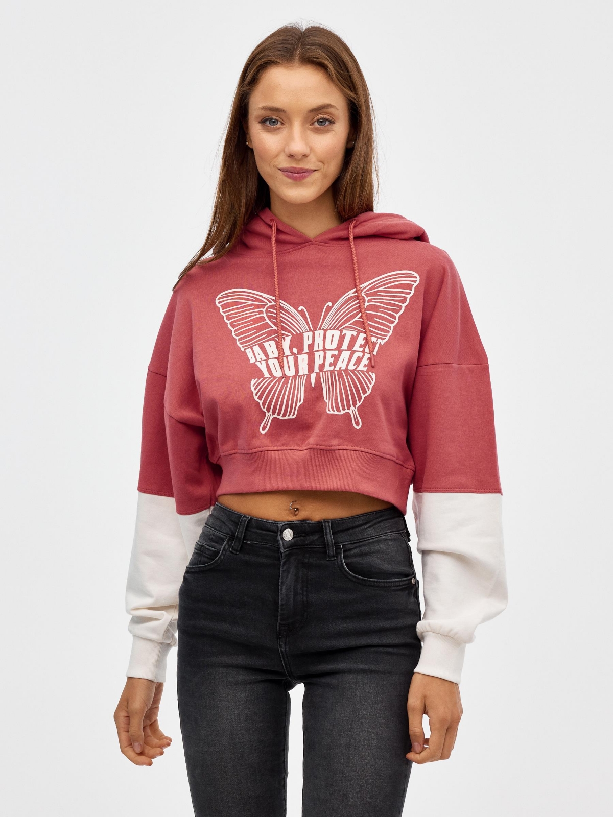 Sudadera crop print mariposa rojo vista media frontal