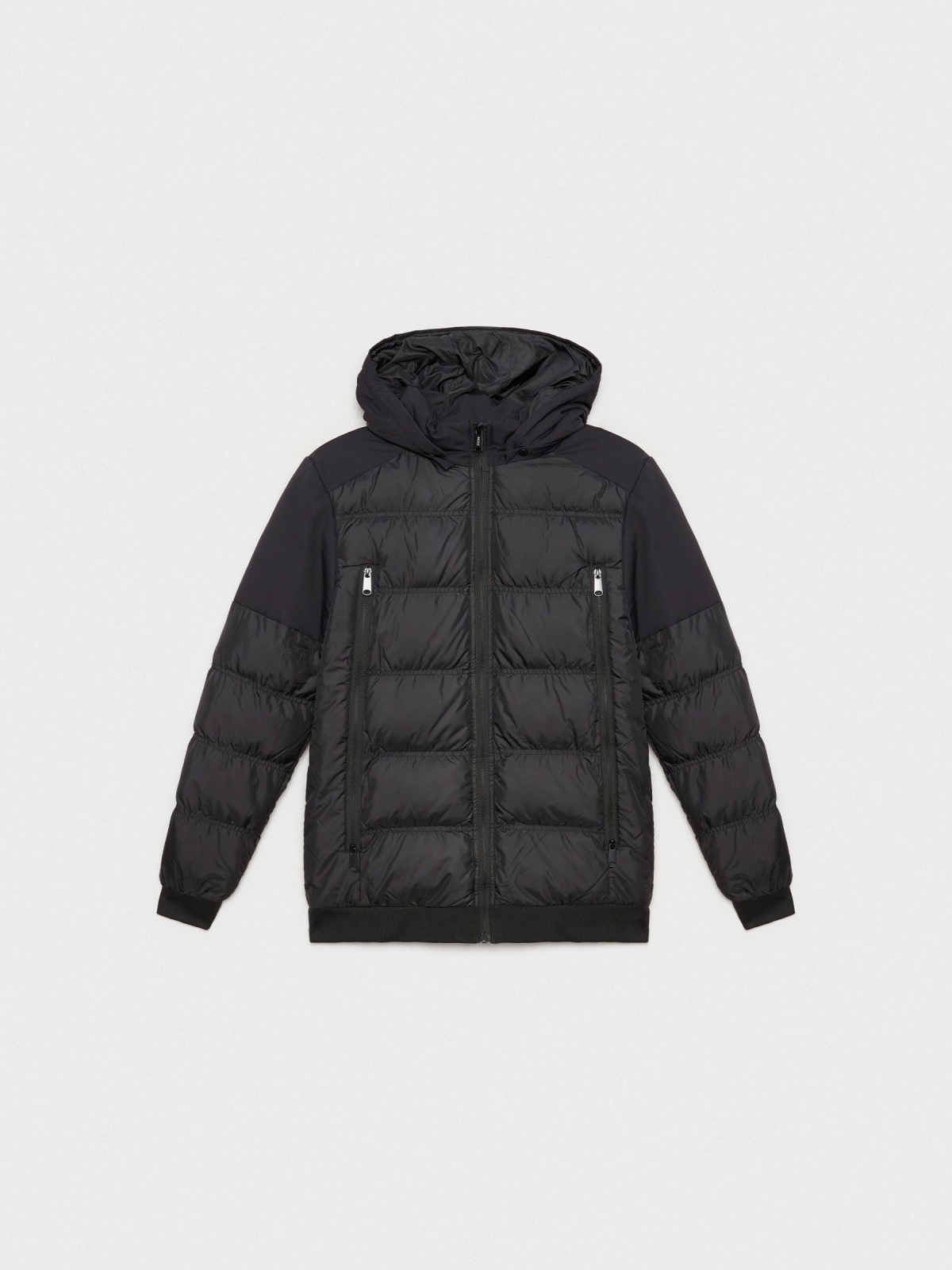 Nylon coat with long zippers black middle back view