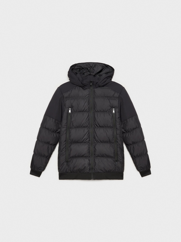 Nylon coat with long zippers black middle back view