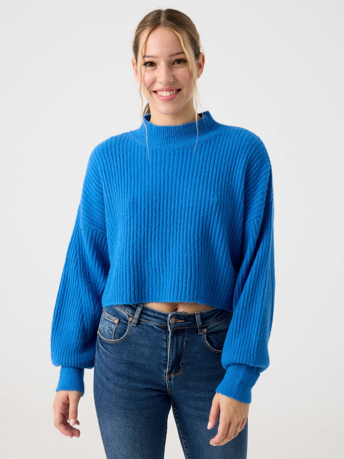 Perkins neck ribbed jumper blue middle front view