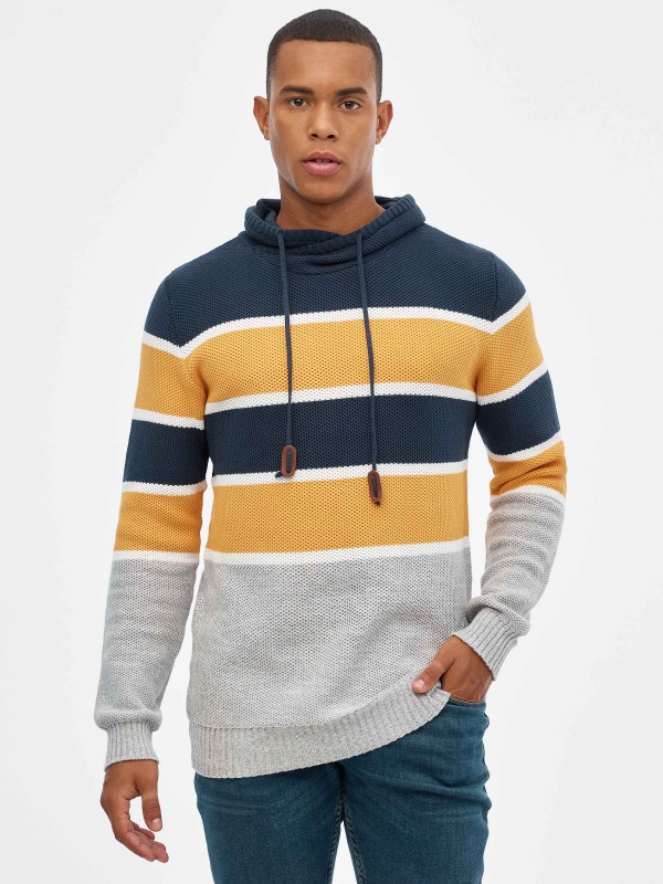 Striped turtleneck sweater navy middle front view