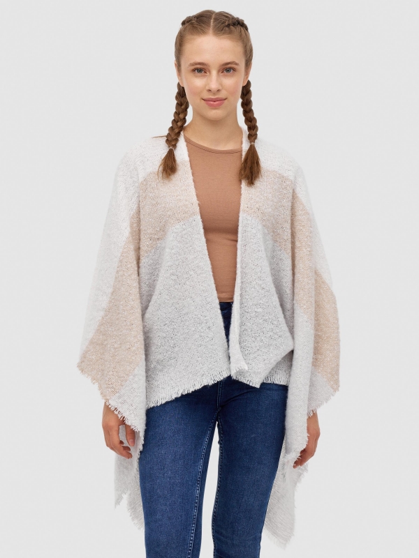 Block colour poncho scarf beige